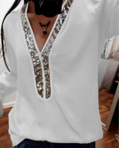 Women Fashion Glitter Sequins Tunic Shirt Shirt Sexy V-neck Women T-shirt