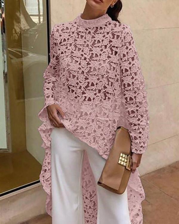 Women Fashion Asymmetric Lace Round Neck Elegant Tunic Long Blouses Tops