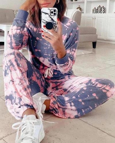 Casual Tye Dye Half Sleeve Adjustable Waistband Loungewear