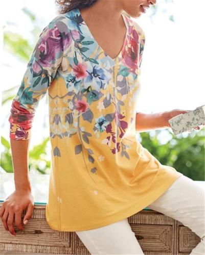 Women Flora Printed V Neck Holiday Fall Daily Casual Blouse