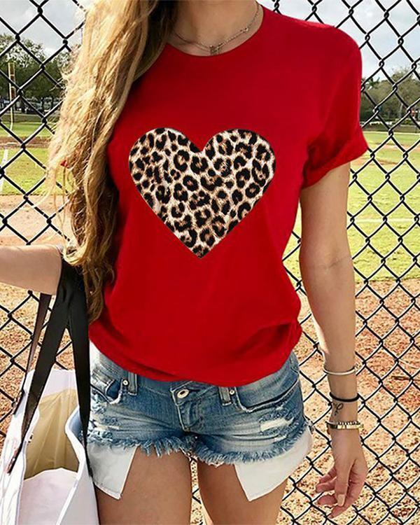 Leopard Heart Women Short Sleeve Shirt Printed Tops