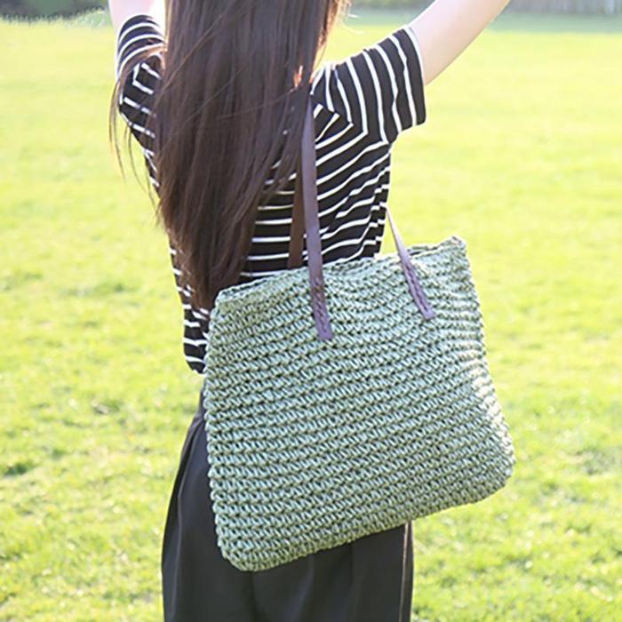 Women Handmade Straw Casual Zipper Shoulder Bags