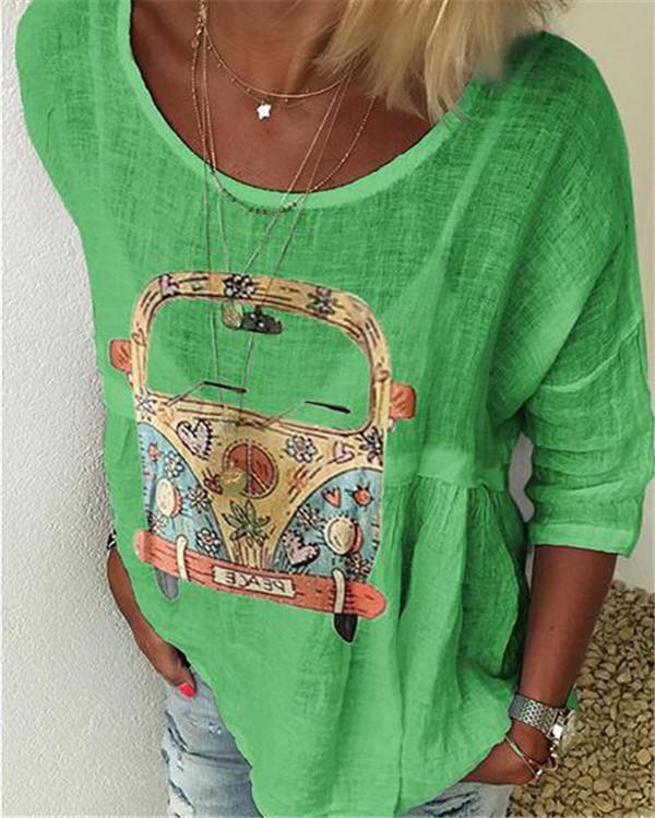 Printed Women Casual Crew Neck Holiday Tops