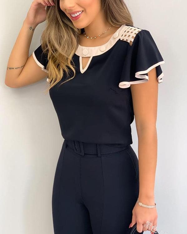 Cutout Ruffles Sleeve Contrast Binding T-shirts