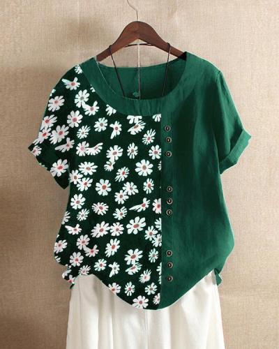 Casual Floral Printed Button Asymmetrical Hem O-Neck T-shirt