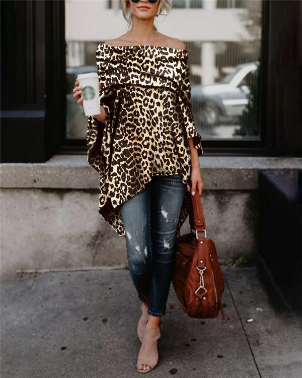 Off Shoulder Leopard Longs Holiday Fall Daily Casual Blouse