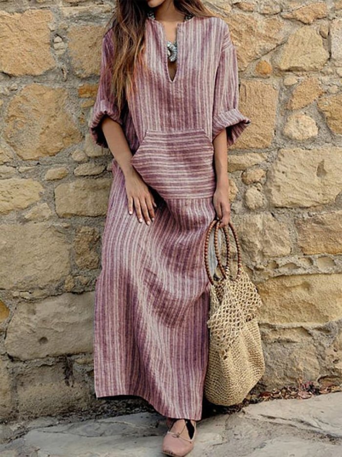 Casual Loose Maxi Dresses Cotton Linen Striped Long Sleeve Spring Dress