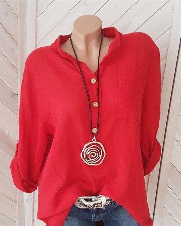 Holiday Solid Long Sleeve Button V-Neck Tops