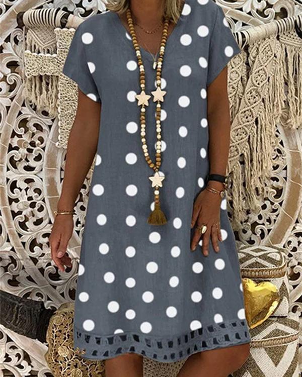 Women V-Neck Short Sleeve Hollow Polka Dot Summer Dress