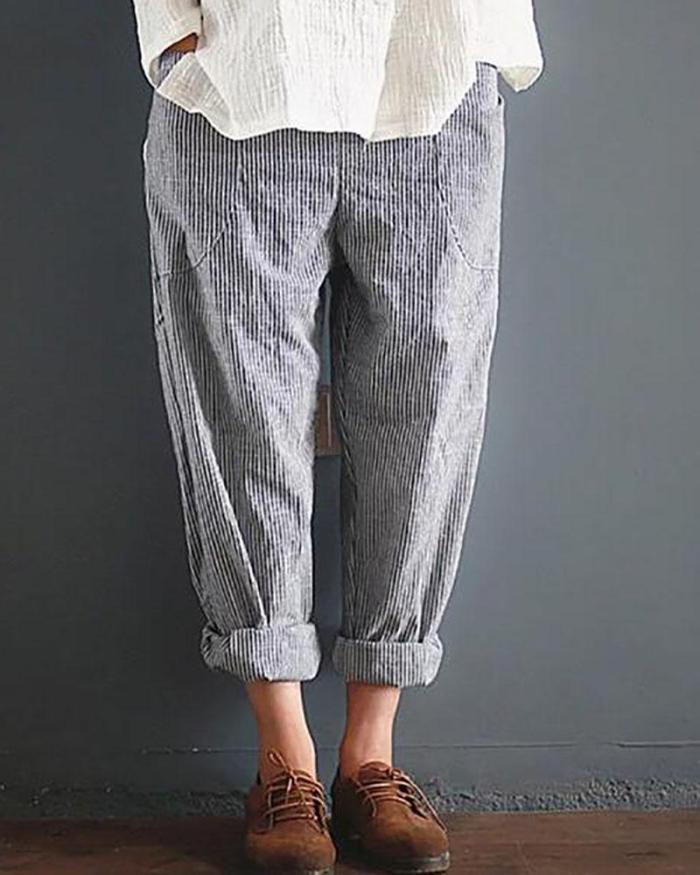 Casual Striped Pockets Cotton Linen Pants