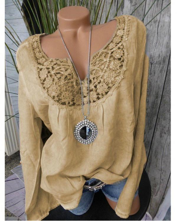 Plus Size Lace Patchwork Long Sleeve Notched Neck Blouses