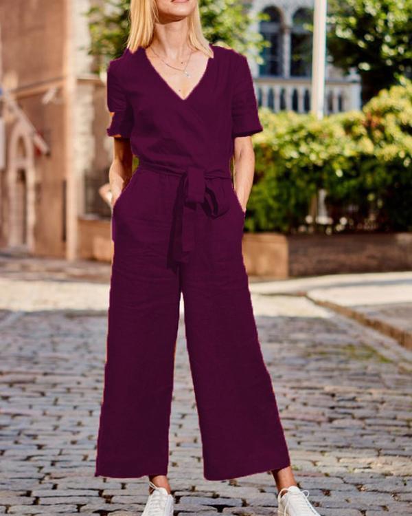 Paneled Solid Cross Front V-neck Casual Jumpsuit