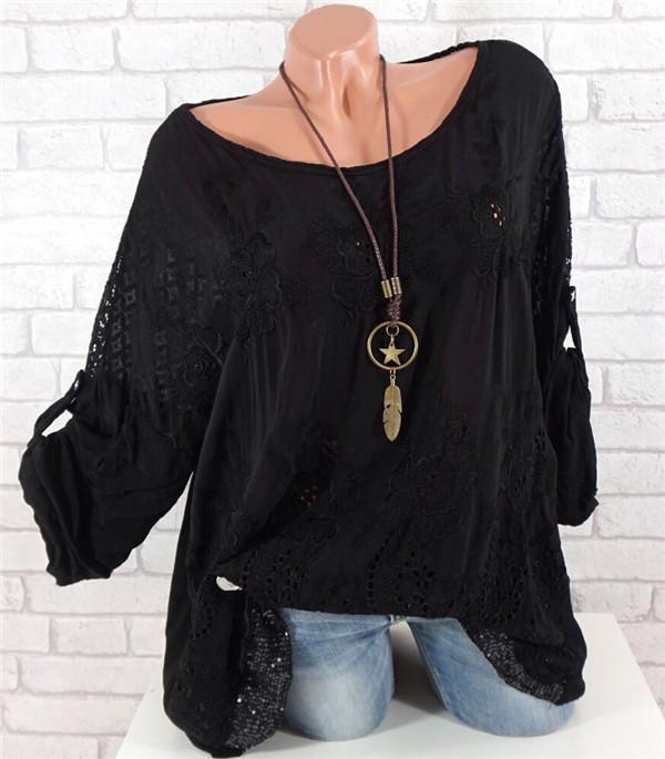 Embroidered Hollow Long-sleeved Blouses Plus Size Tops