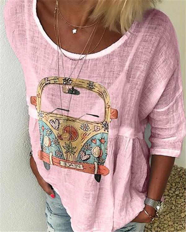 Printed Women Casual Crew Neck Holiday Tops