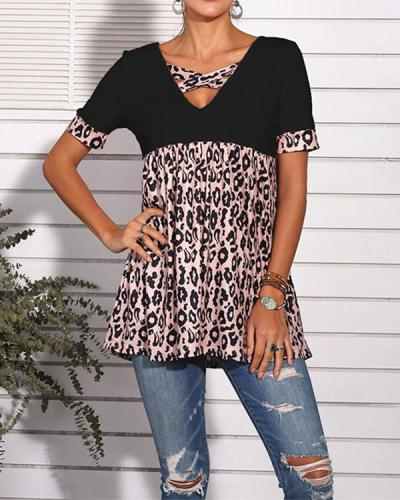 Leopard Patchwork V-Neck Tunic Tops