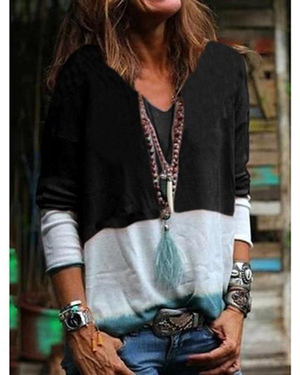 Women V Neck Long Sleeve Print Casual Blouses