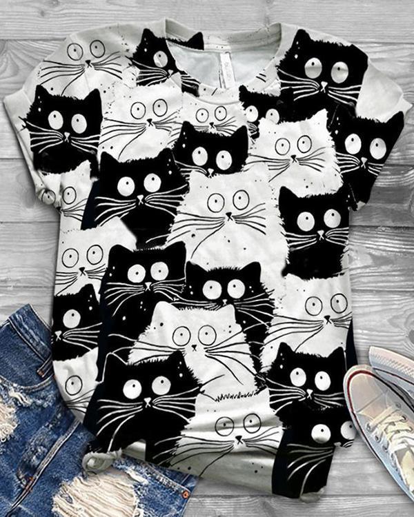 Cute Cat Printed Round Neck Shirts & Tops For Women