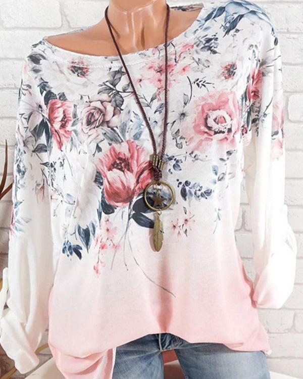 Round Neck Loose Fitting Floral Long Sleeve T-Shirts