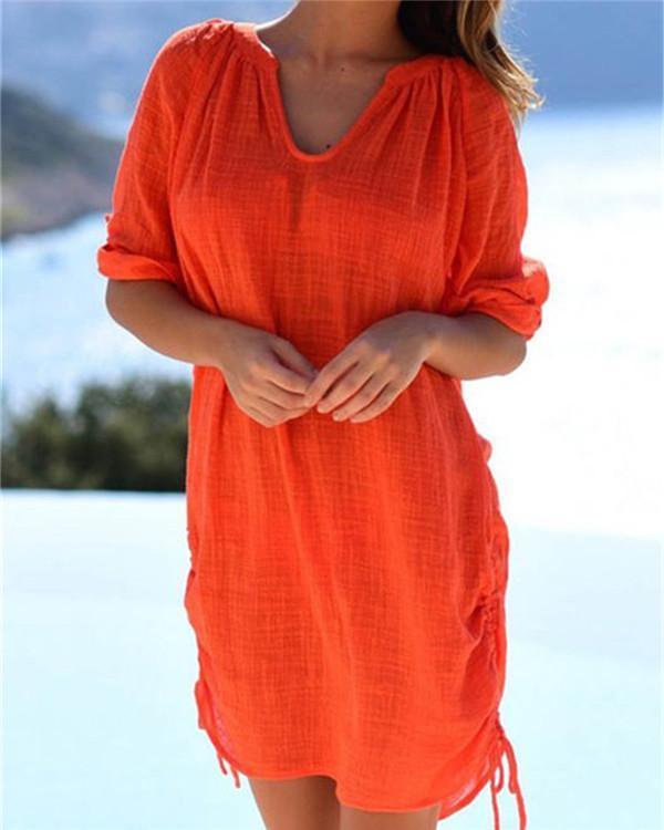 Women's Half Sleeve Cotton Linen V Neck Solid Casual Mini Dress