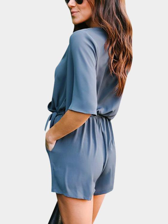 Crossed Front Design V-neck 3/4 Length Flared Sleeves High-waisted Playsuit Jumpsuit