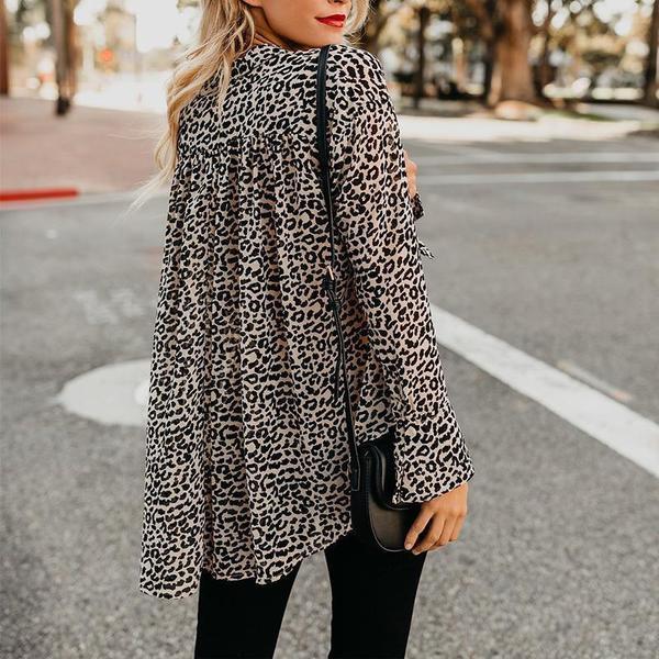 Lapel Leopard Printed Long Flare Sleeve Fashion Blouses
