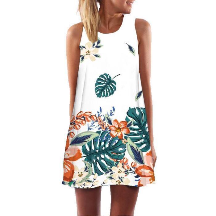 Floral Print Round Neck Sleeveless Dress