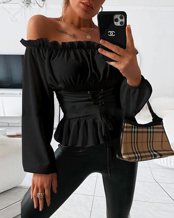 OFF SHOULDER LACE-UP FRONT CASUAL BLOUSE