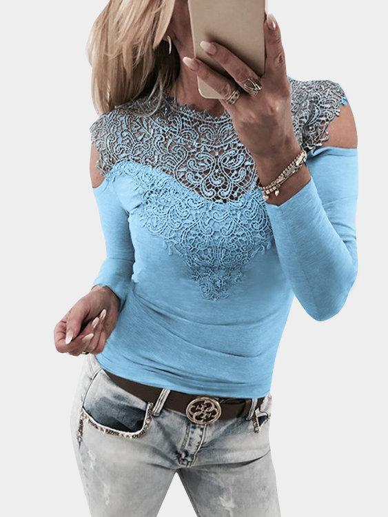 Lace Details Cold Shoulder Long Sleeves Causal Tshirts