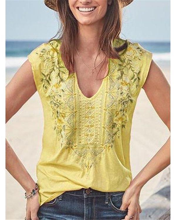 Bohemian Sleeveless V Neck Casual Blouses Tops