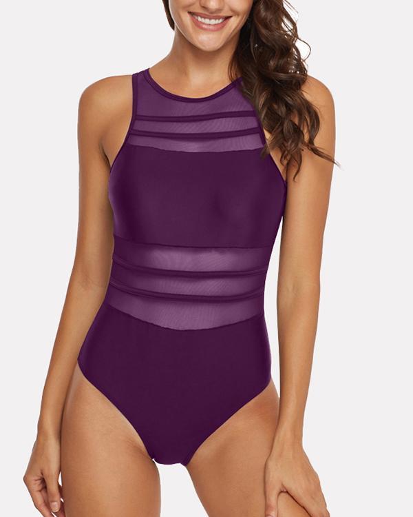Sexy High Neck Mesh Striped Backless Sexy One Bathing Suit Swimwear