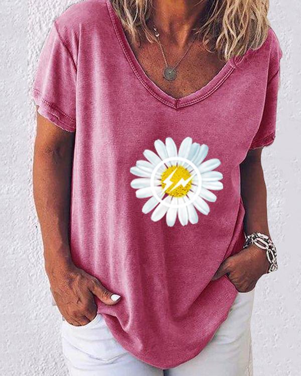 Daisy Print V-Neckline Short Sleeve Casual T-shirts