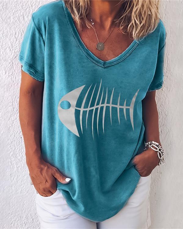 Fish Printed Short Sleeve V Neck Shirts Tops