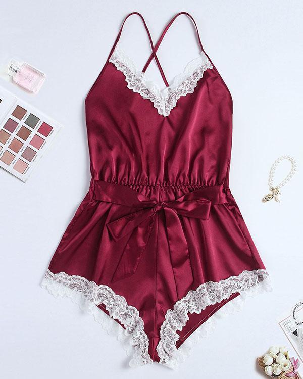 Satin Contrast Lace Backless Belted Night Romper