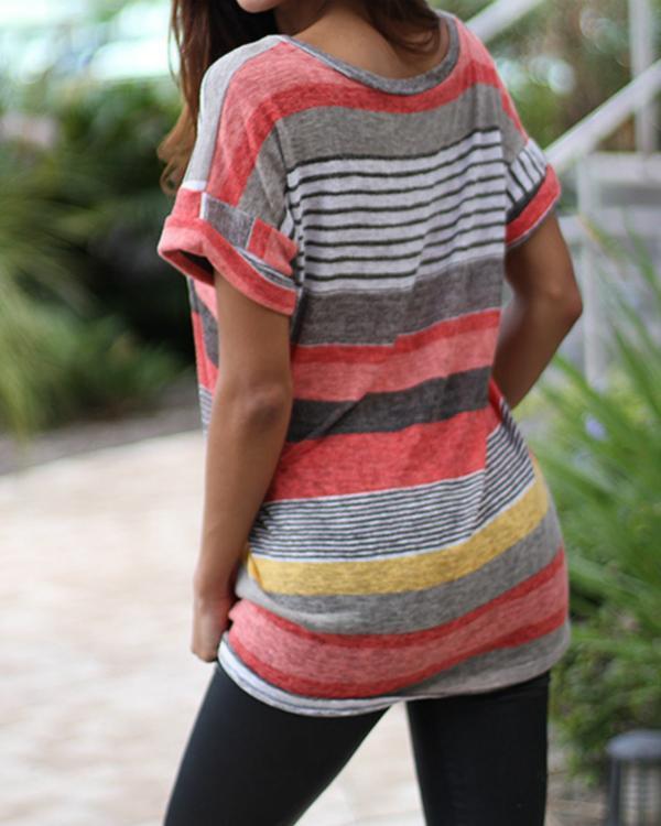 Women V-Neck Printed Striped Short-Sleeved T-shirt Top