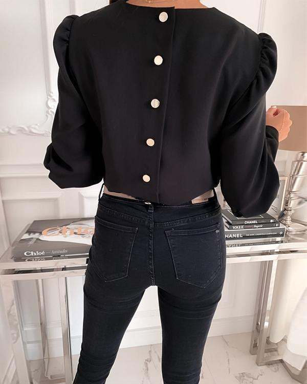 Women Spring Blouse Shirts Office Lady Back Metal Buttons pullover tops