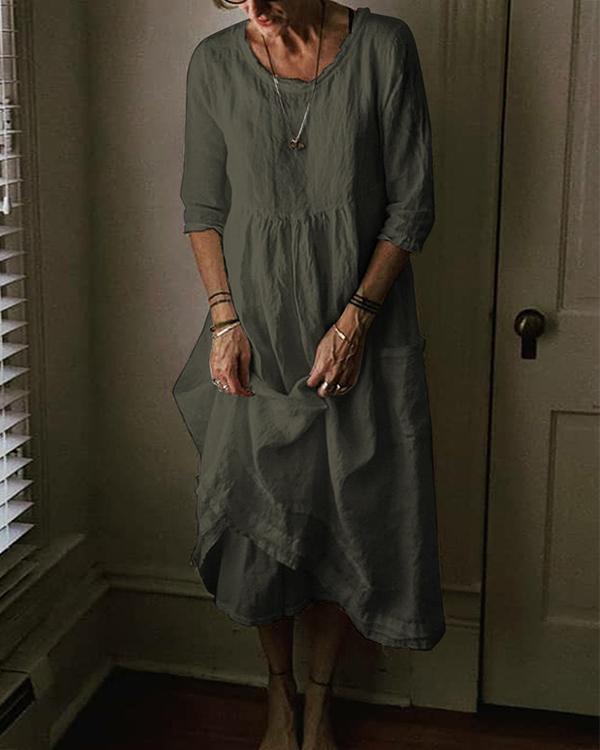 Plus Size Casual Solid Linen 3/4 Sleeve Crew Neck Pockets Dresses