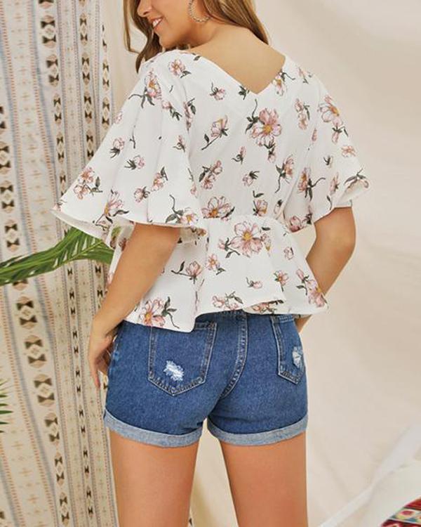 Women Bohemian V Neck Lace-Up Printed Blouse Tops