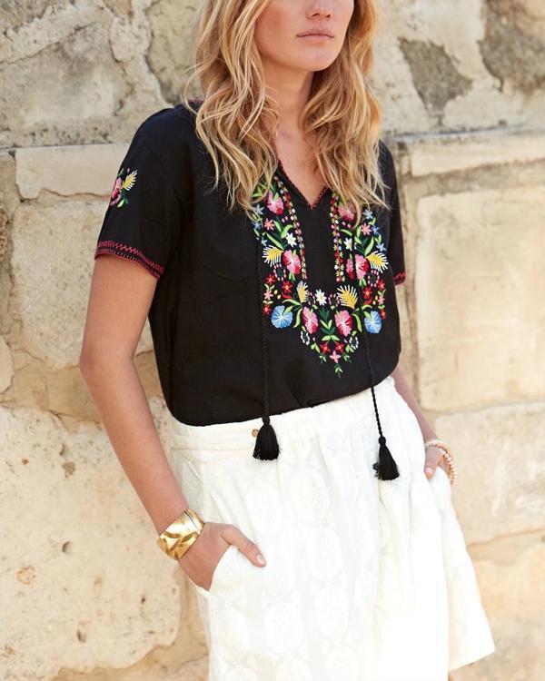 Floral Embroidered Short Sleeve Blouse Tops