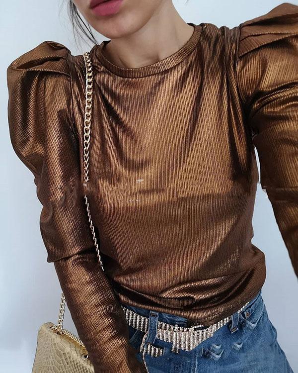 Metallic Color Puff Sleeve Top Blouses