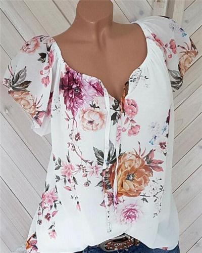 Casual Solid V Neck Floral Printed Women Tops