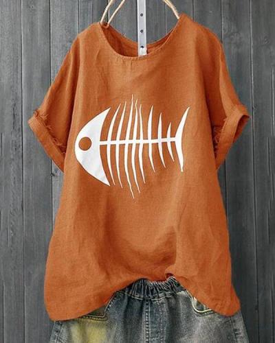 Casual Short Sleeve Crew Neck Fish Bone Printed T-Shirts Tops