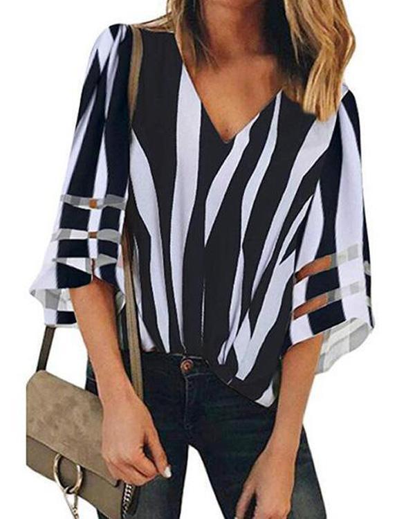 V-Neck Mesh Stitching Trumpet Sleeve Striped Blouse Tops