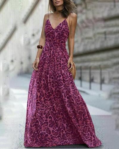 Women Fashion Leopard V-Neck Sleeveless Maxi  Dress