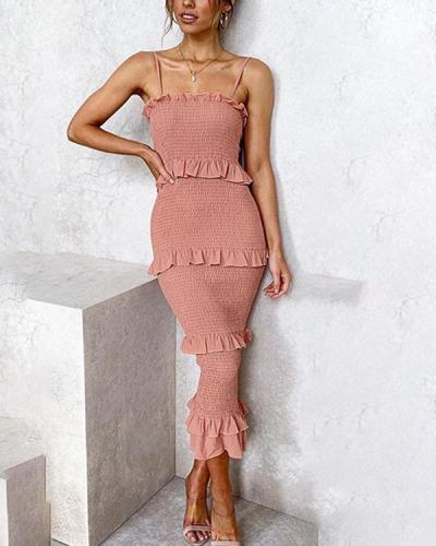 Fashion Slim Pleated Sling Cake Midi Dress