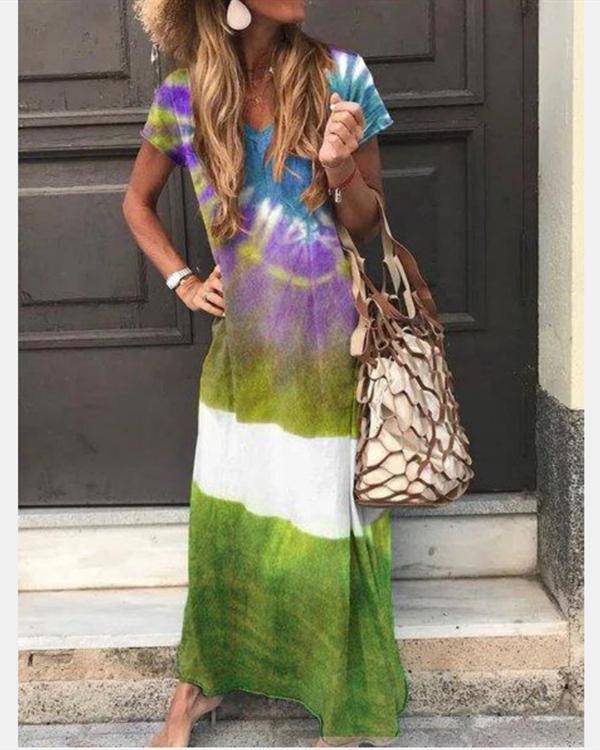 Crew Neck Casual Short Sleeve Gradient Maxi Dresses