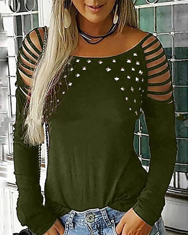 Women Fashion Neck Hollow-Out Studded Long Sleeve T Shirts Casual Tops