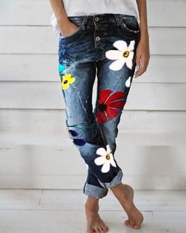 Women's  Vintage Floral Fashion Denim Bottoms Jeans Pants