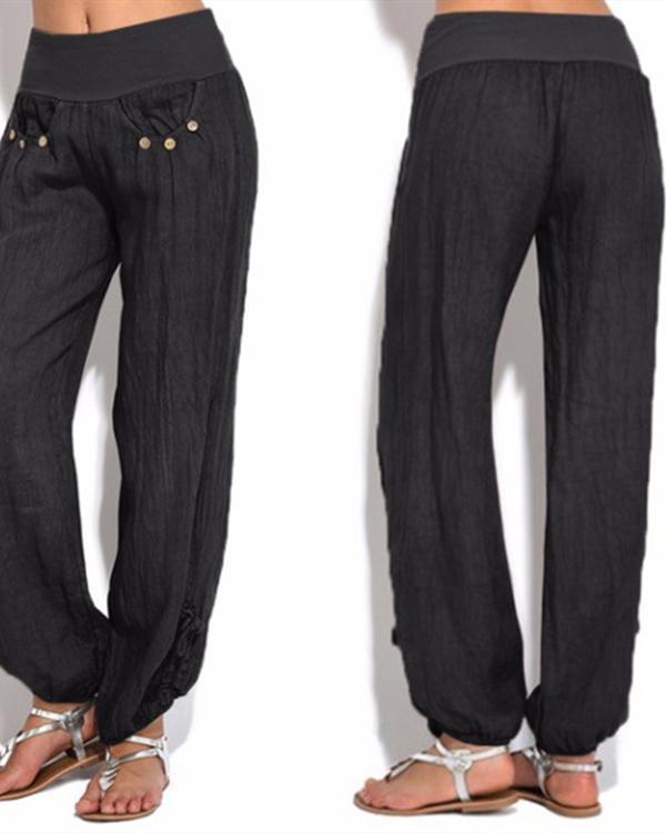 Women Casual Button Plus Size Wide Leg Pants