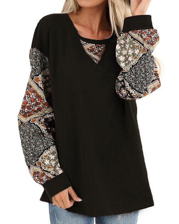 Dark Olive Patched Floral Quilt Print Blouses Long Sleeve Top