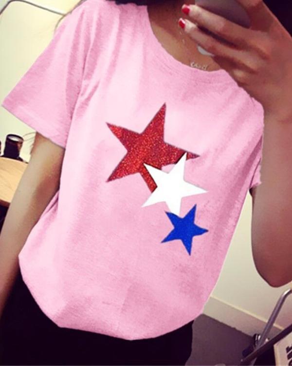 Casual Crew Neck Star Printed Short Sleeve Blouses Tops